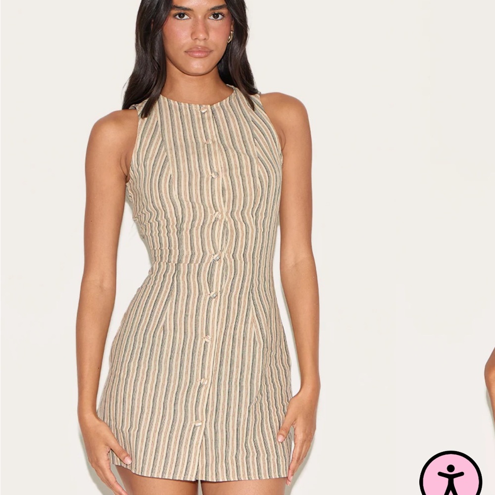 PrettyLittleThing Stone Pinstripe Button Down Shift Dress